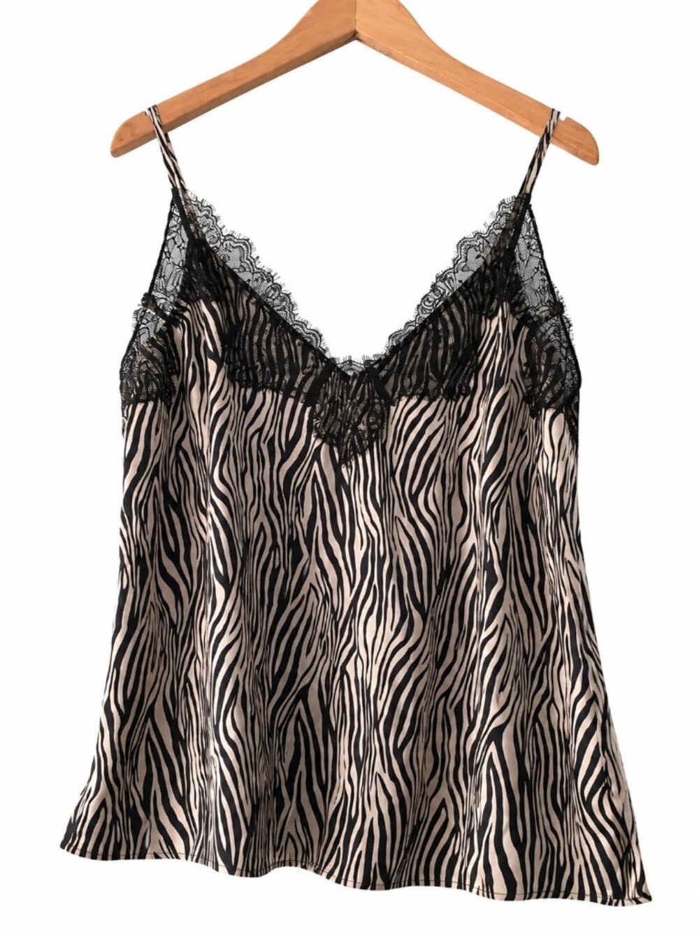 CAMI NYC Black Tan Zebra 100% Silk Lace Trim Camisole Animal Print Coquette S